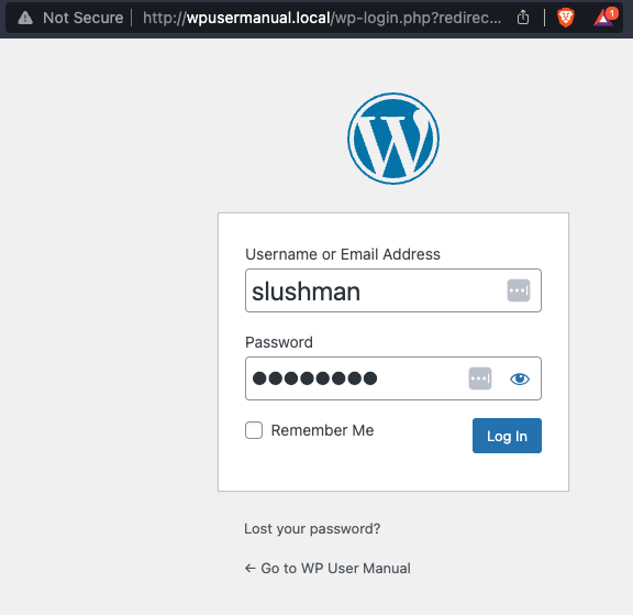The login page of a WordPress website with the username and password filled in.